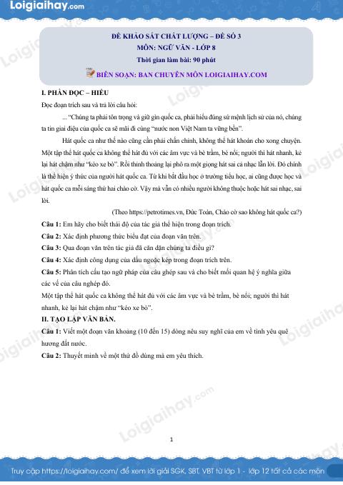 Đề khảo sát chất lượng đầu năm Văn 8 - Đề 3
